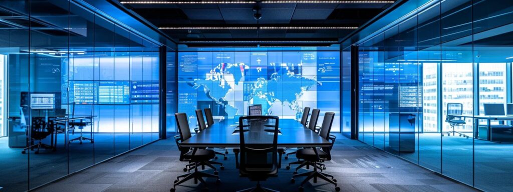 a sleek, modern office conference room equipped with high-tech digital screens displaying kyc compliance strategies, where diverse professionals engage in a dynamic brainstorming session to enhance fintech onboarding processes.