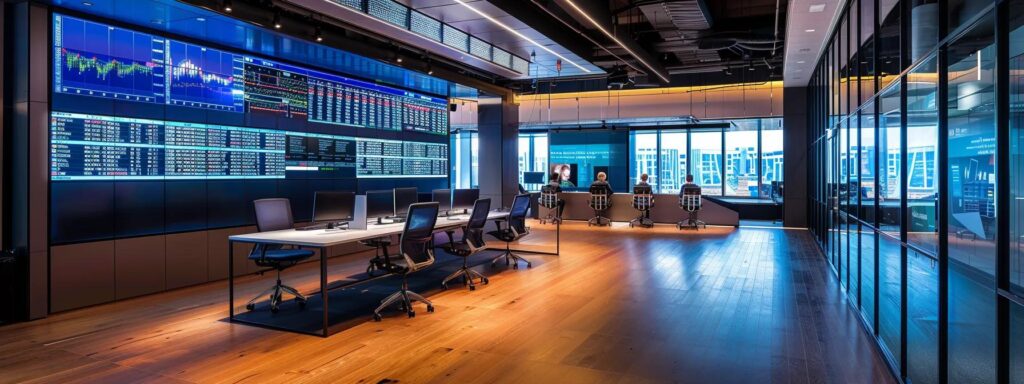 a sleek, modern office environment featuring professionals engaged in a dynamic discussion over digital screens displaying complex financial data and kyc workflows, illuminated by strategically placed bright lights to emphasize a high-stakes atmosphere of customer due diligence and risk assessment.