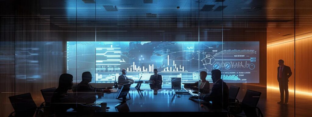 a sleek, modern office featuring professional individuals engaged in a strategic discussion around a high-tech conference table, with digital governance and compliance charts projected on a wall, symbolizing robust governance, testing, and enforcement in aml compliance.