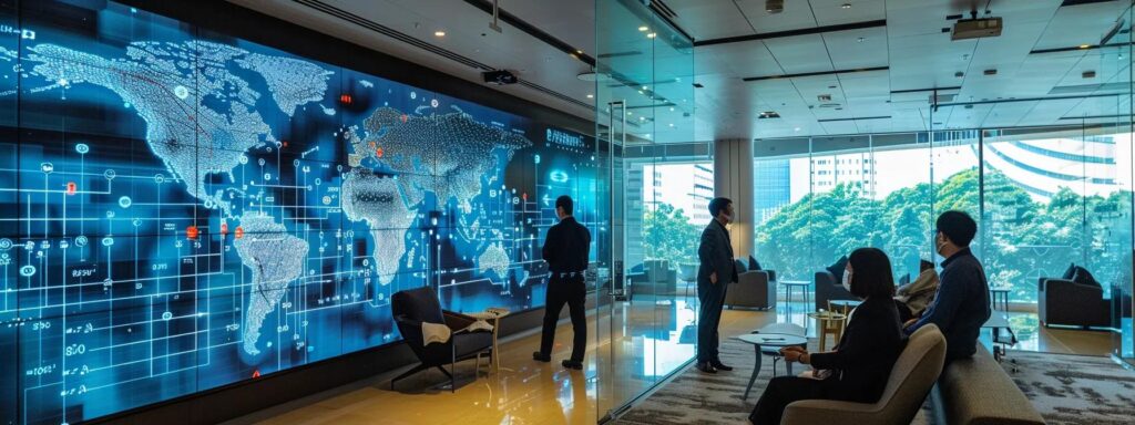 a sleek, modern office interior showcases a diverse group of professionals engaged in a strategic discussion around a digital map of the asia pacific region, with holographic displays illustrating regulatory frameworks and anti-money laundering initiatives.