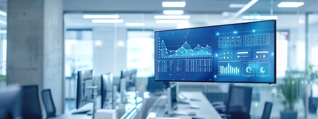 a sleek, modern office space features a digital interface on a large screen displaying an efficient onboarding workflow, with dynamic charts and compliance metrics, emphasizing a seamless customer experience amidst sophisticated technology and contemporary design.