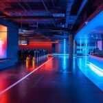 a high-tech office environment featuring a large touchscreen display showcasing real-time data analytics and fraud detection algorithms, illuminated by dynamic blue and red lighting to emphasize the urgency of cybersecurity.