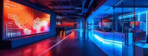 a high-tech office environment featuring a large touchscreen display showcasing real-time data analytics and fraud detection algorithms, illuminated by dynamic blue and red lighting to emphasize the urgency of cybersecurity.