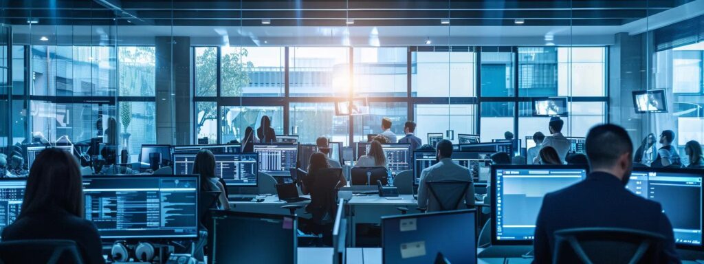 a modern fintech office bustling with activity, featuring sleek computer screens displaying automated screening tools and global watchlists, symbolizing the rigorous processes of pep, sanctions, and adverse-media screening in the fight against financial crimes.