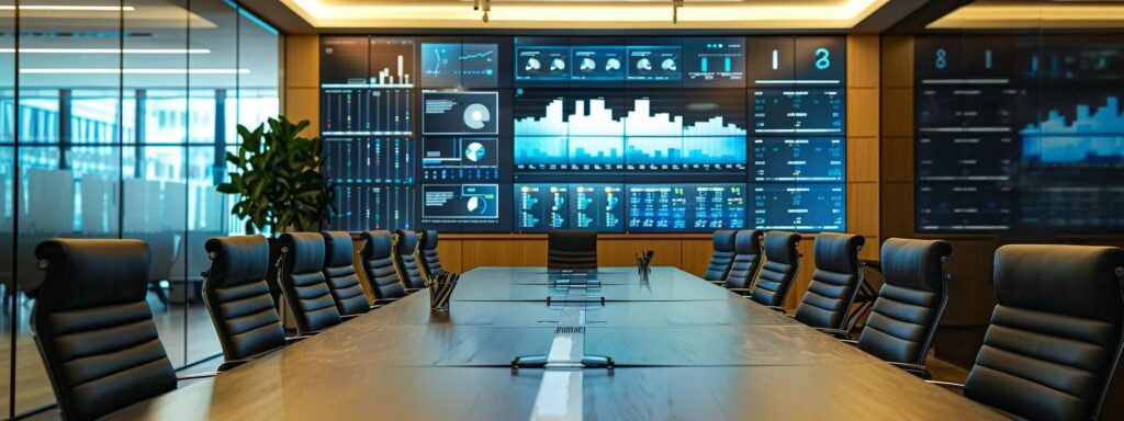 a modern office workspace features a sleek conference table adorned with digital displays showcasing complex regulatory charts and compliance infographics, highlighting the intricate landscape fintechs navigate for kyc onboarding.