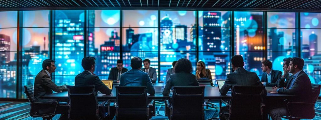 a modern, sleek office space features a diverse team of professionals engaged in a focused discussion around a large conference table, surrounded by digital displays showcasing regulatory frameworks and risk management strategies, emphasizing the importance of a resilient customer due diligence program.