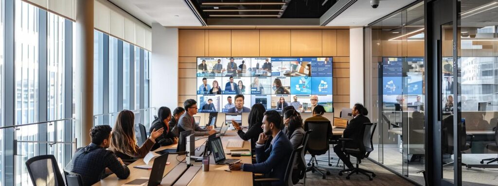 a modern, sleek office space buzzes with focus as a diverse group of professionals collaboratively evaluates digital proposals on high-resolution screens, emphasizing the critical decision-making involved in selecting compliant third-party kyc service providers.