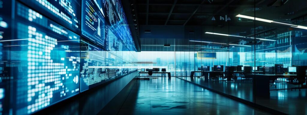 a sleek, futuristic office environment showcases a high-tech screen displaying dynamic, real-time analytics and visualizations of fraud detection patterns, illuminated by vibrant data streams contrasting against a modern, minimalist backdrop.