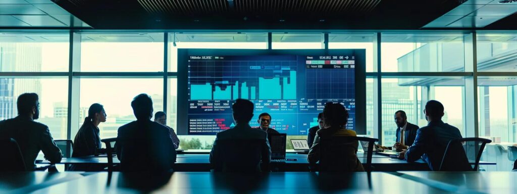 a sleek, modern fintech office is depicted with a diverse team of professionals engaged in a dynamic discussion around a large digital screen displaying kyc compliance strategies, highlighting an atmosphere of innovation and regulatory focus.