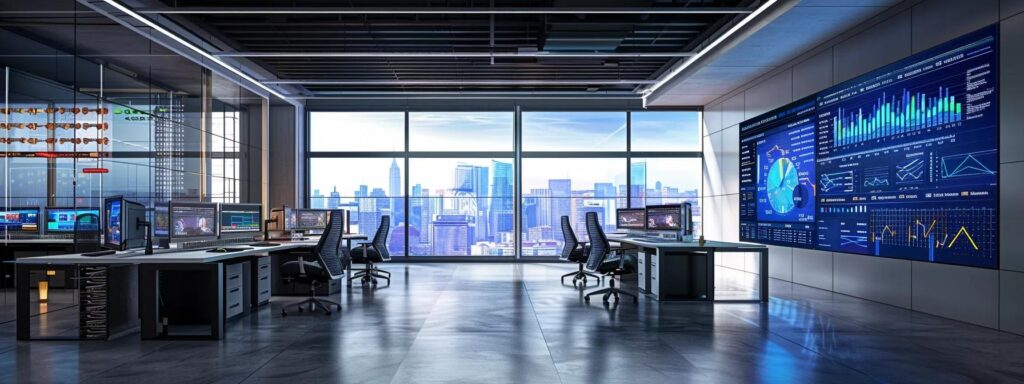 a sleek, modern office environment filled with multiple high-tech screens displaying dynamic real-time data signals and analytics, showcasing vibrant graphs and transaction trends to emphasize the high-stakes nature of fraud detection.
