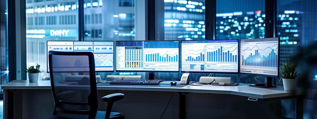 a sleek, modern office workspace featuring multiple monitors displaying intricate data integration diagrams and digital interfaces, emphasizing the seamless technology integration of ekyc solutions for financial institutions under bright, focused lighting.