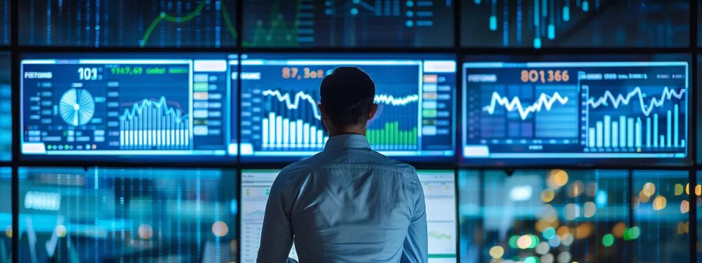 a sleek, modern office environment features a confident business professional analyzing data on a high-resolution screen, surrounded by vibrant digital graphs and charts that symbolize the complexity of customer due diligence.