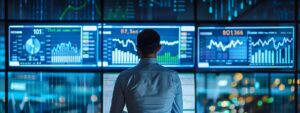 a sleek, modern office environment features a confident business professional analyzing data on a high-resolution screen, surrounded by vibrant digital graphs and charts that symbolize the complexity of customer due diligence.
