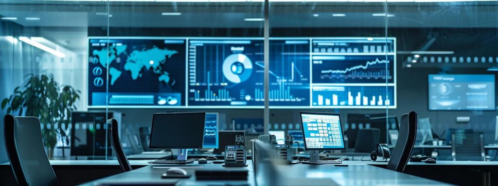 a sleek, modern office workspace showcases a futuristic digital dashboard with dynamic graphs and analytics displaying evolving trends in customer due diligence, illuminated by soft artificial lighting that enhances the high-tech atmosphere.