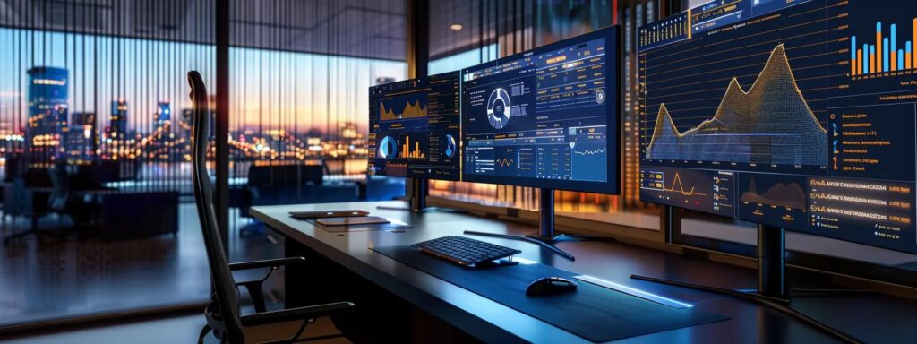 a sleek, modern office workspace showcases two contrasting screens side-by-side, one displaying a static rules engine with neatly organized fraud detection parameters, and the other showcasing a dynamic adaptive risk engine with fluid, shifting analytics visualizations illuminated by vibrant data graphs.