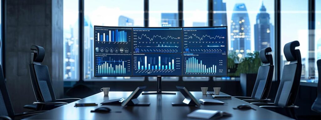 a sleek, modern office environment features a large digital display showcasing real-time analytics and performance metrics of a fraud detection system, emphasizing the contrast between operational effectiveness and roi with sharp graphs and striking visuals.