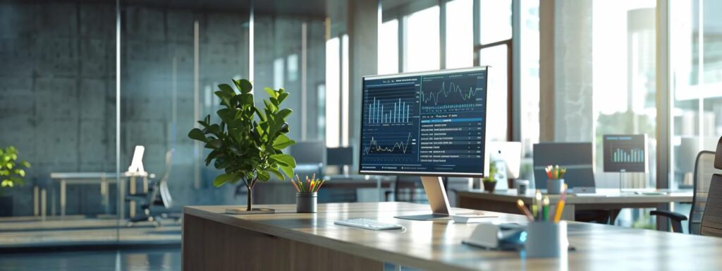 a sleek, modern office space showcases a high-tech dashboard displaying real-time analytics and risk assessments, emphasizing the critical nature of ongoing customer due diligence and monitoring in a corporate environment.