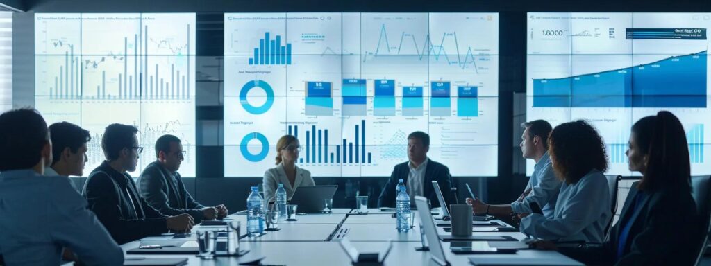 a sleek, modern office meeting room filled with diverse professionals engaged in a dynamic discussion, surrounded by industry-specific infographics and data charts displayed prominently on digital screens, emphasizing tailored customer due diligence strategies.
