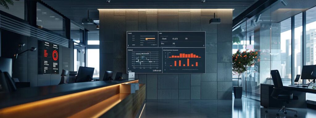 a sleek, modern office with a large digital screen displaying a complex kyc compliance dashboard, illuminated by focused led lights, reflecting the challenges and solutions of managing customer onboarding processes effectively.