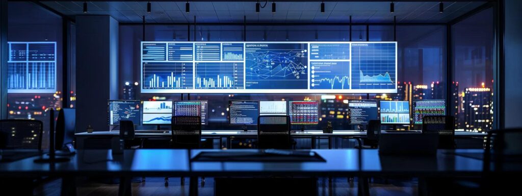 a sleek, modern office workspace is illuminated by softly glowing screens displaying complex data visualizations, depicting real-time analytics and alerts for a robust fraud detection system at work.
