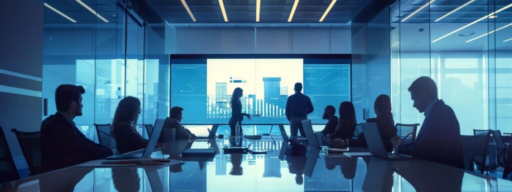 a sleek office environment features a diverse group of professionals engaged in an analytical discussion around a large conference table, surrounded by organized documents and digital devices, embodying the essence of structured documentation for effective customer due diligence.