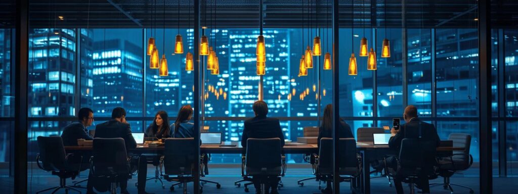 a well-organized, modern office environment featuring a sleek conference table with digital devices, illuminated by warm overhead lighting, where business professionals are engaged in a discussion about regulatory frameworks for customer due diligence, emphasizing collaboration and strategic planning.