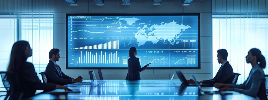 a focused business meeting scene in a sleek, modern conference room, where professionals engage in a dynamic discussion over digital charts displaying performance metrics and service level agreements, symbolizing the critical evaluation of identity verification providers.