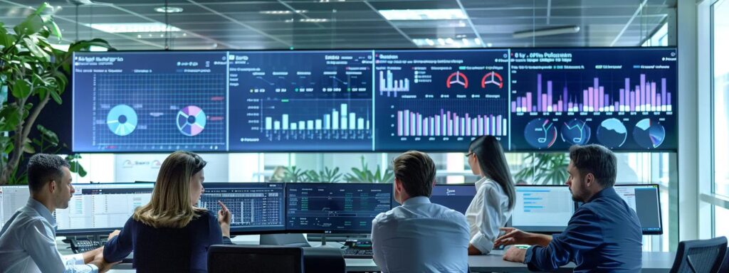 a modern office environment featuring a diverse team actively engaged in a digital risk profiling dashboard, showcasing graphs and analytics on large screens that illustrate customer segmentation within a risk-based kyc framework.