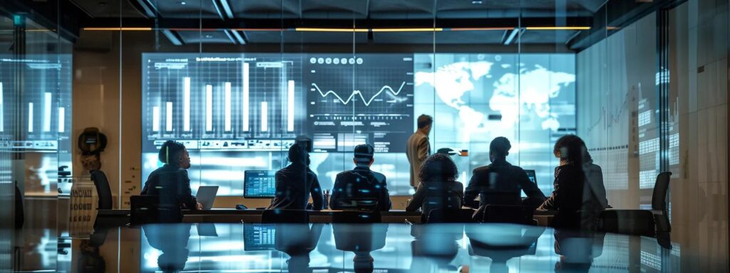 a sleek, high-tech office setting showcases advanced identity verification technology in action, featuring a large screen displaying real-time data analytics and diverse individuals interacting with digital interfaces to ensure robust personal identity validation.