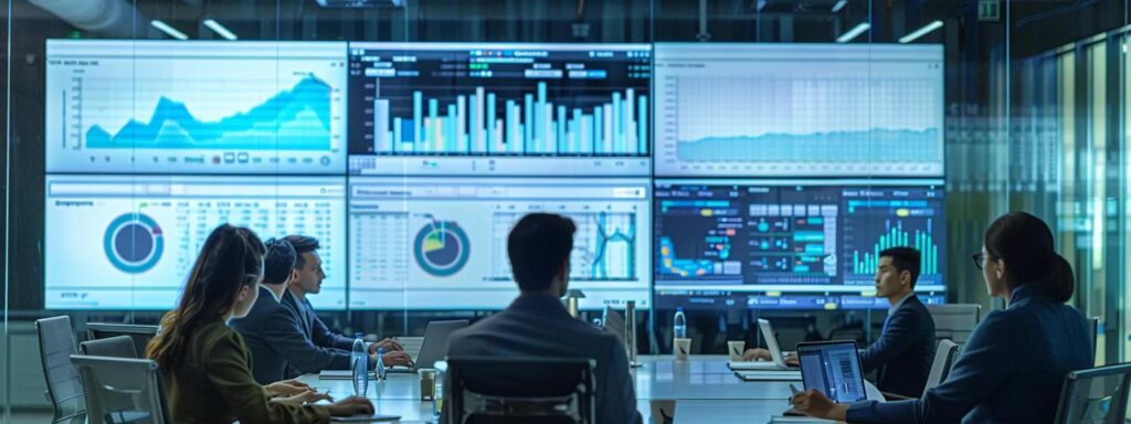a sleek, modern office conference room is filled with focused professionals analyzing data on large screens, showcasing visual charts and graphs that highlight the complexities of transactional fraud detection.