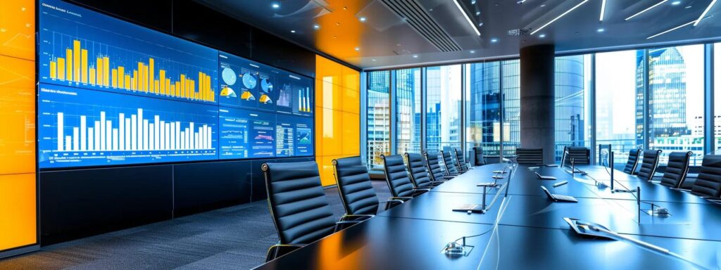 a sleek, modern office conference room showcases a dynamic presentation on a large screen, displaying impactful graphs and real-world case studies that highlight the substantial roi of identity verification services across various sectors.
