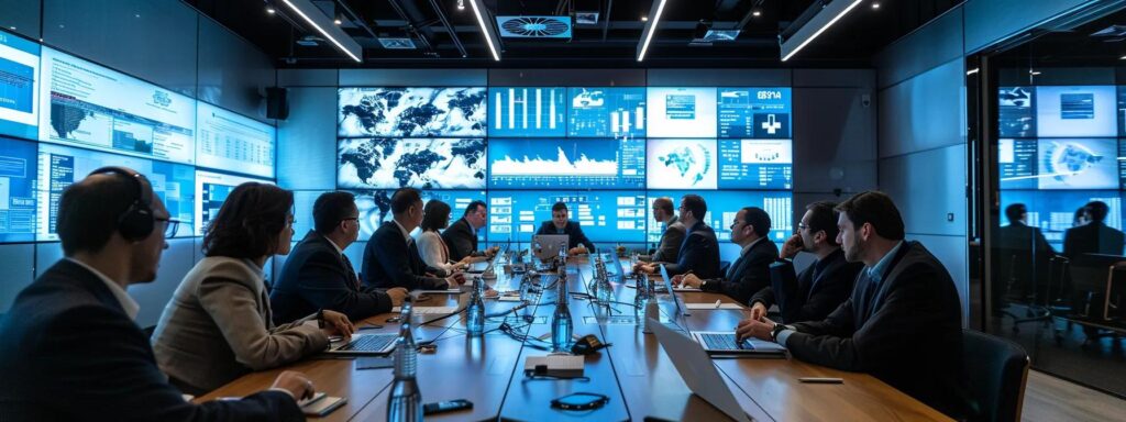 a sleek, modern office conference room is filled with professionals engaged in an intense discussion, surrounded by digital screens displaying risk assessment frameworks and kyc strategies, capturing the essence of mastering risk-based kyc practices.