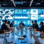 a sleek, modern office conference room is filled with professionals engaged in an intense discussion, surrounded by digital screens displaying risk assessment frameworks and kyc strategies, capturing the essence of mastering risk-based kyc practices.