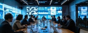 a sleek, modern office conference room is filled with professionals engaged in an intense discussion, surrounded by digital screens displaying risk assessment frameworks and kyc strategies, capturing the essence of mastering risk-based kyc practices.
