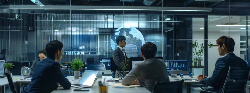 a sleek, modern office environment showcases a diverse group of professionals engaged in a dynamic discussion around advanced ai-driven identity verification technologies, with holographic interfaces displaying biometric data and security analytics prominently in view.