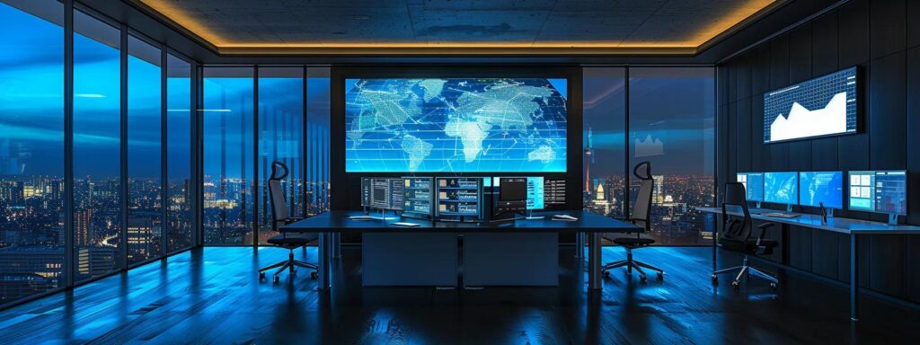 a sleek, modern office environment showcases advanced technology with multiple digital screens displaying dynamic data visualizations and risk analytics, symbolizing the evolution of risk-based kyc in the financial ecosystem.