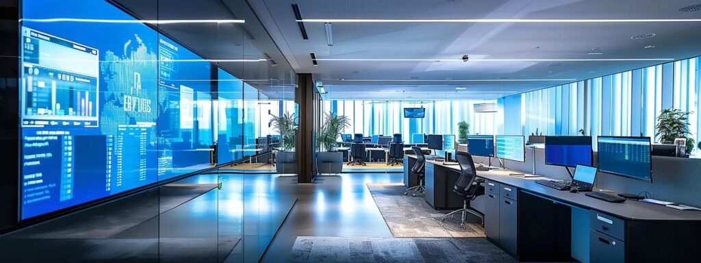 a sleek, modern office environment filled with multiple digital screens displaying real-time transaction data and risk assessments, emphasizing the integration of kyc processes and transaction monitoring for enhanced fraud detection.