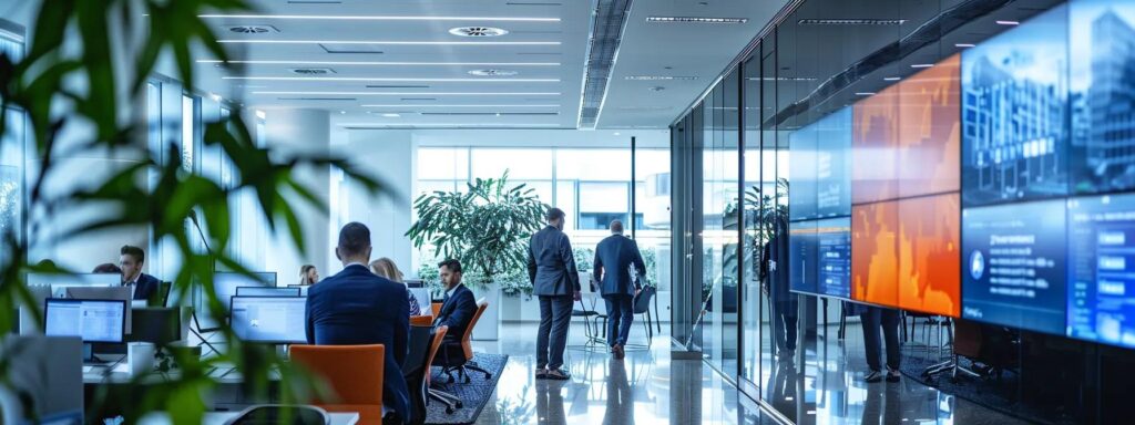 a sleek, modern office environment features professionals engaging in a dynamic discussion over digital identity verification models displayed on a high-tech screen, highlighting pricing and compliance strategies.