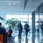a sleek, modern office environment features professionals engaging in a dynamic discussion over digital identity verification models displayed on a high-tech screen, highlighting pricing and compliance strategies.