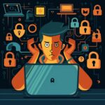 Person concerned about online security with digital security icons representing account takeover fraud