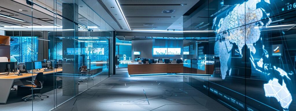 a sleek, modern office space showcases a futuristic digital age verification system, with interactive screens displaying user-friendly interfaces and biometric security features, all illuminated by soft, ambient lighting that enhances the high-tech atmosphere.