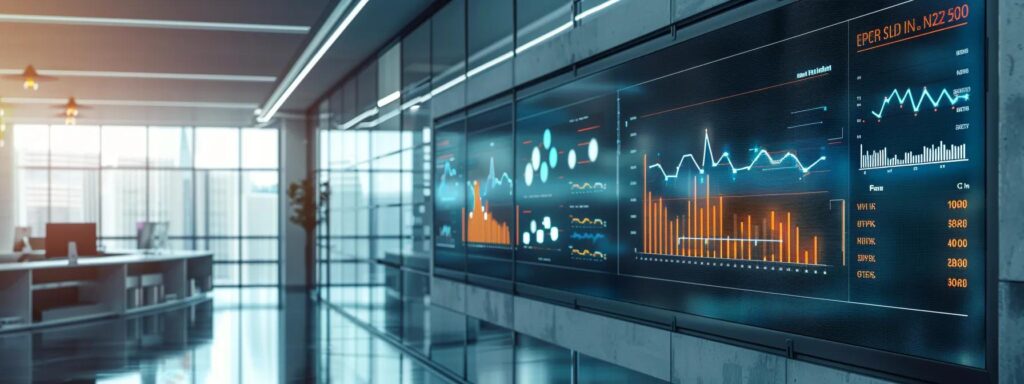 a sleek, high-tech office workspace displays a large digital screen featuring dynamic graphs and analytics, illustrating the complex data signals utilized in payment fraud detection systems.