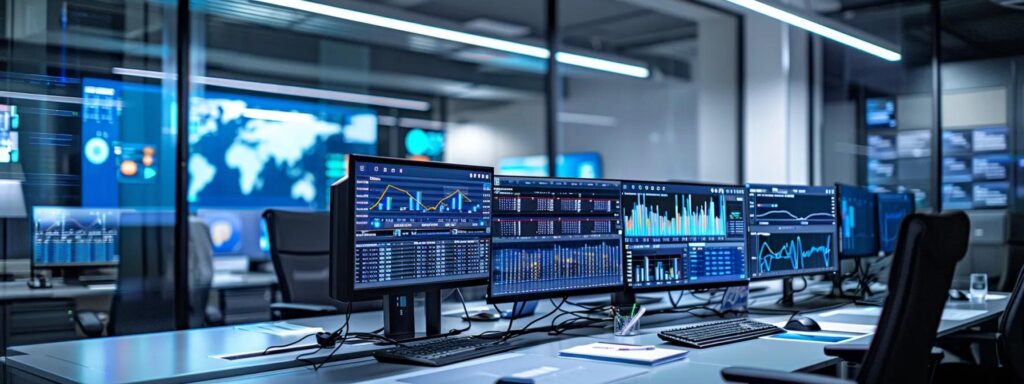 a sleek, modern office environment showcases multiple digital screens displaying complex algorithms and data analytics, emphasizing advanced tools and technologies vital for an effective payment fraud risk management framework.