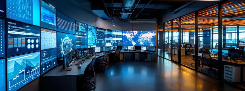 a sleek, modern office filled with digital displays showcasing advanced data analytics dashboards, highlighting sophisticated ai-driven fraud detection technologies in action, under dim ambient lighting that emphasizes the high-tech atmosphere.