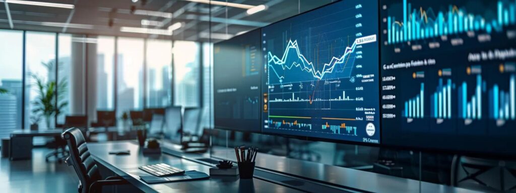 a sleek, modern office space features a large digital screen displaying dynamic graphs and charts that illustrate key performance indicators for payment fraud, with focused professionals analyzing the data in an atmosphere of strategic urgency.