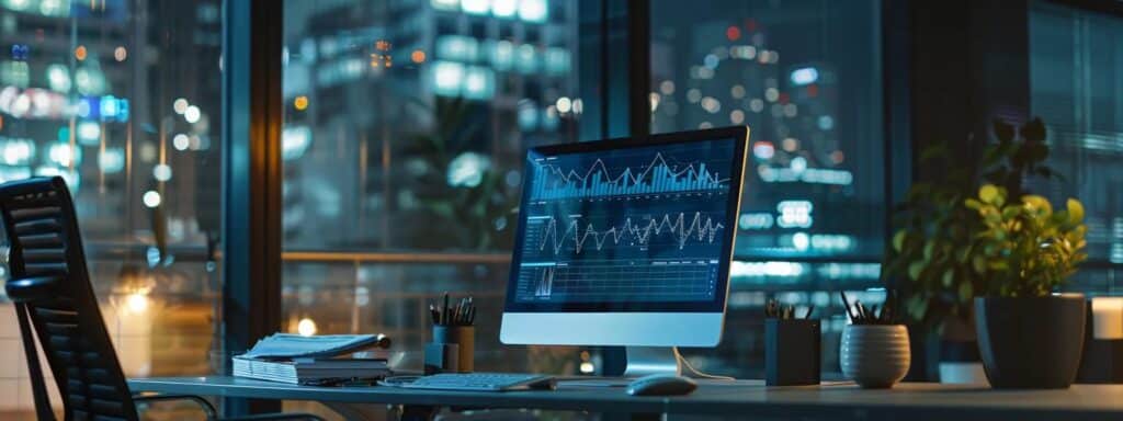 a sleek, modern office workspace features a high-tech computer screen displaying complex analytics graphs and digital alerts on payment fraud trends, illuminated by focused task lighting to emphasize a sense of urgency and precision in risk management efforts.