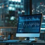 a sleek, modern office workspace features a high-tech computer screen displaying complex analytics graphs and digital alerts on payment fraud trends, illuminated by focused task lighting to emphasize a sense of urgency and precision in risk management efforts.