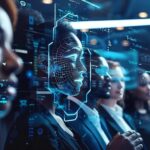 Diverse individuals engaging with biometric verification technology in a secure environment