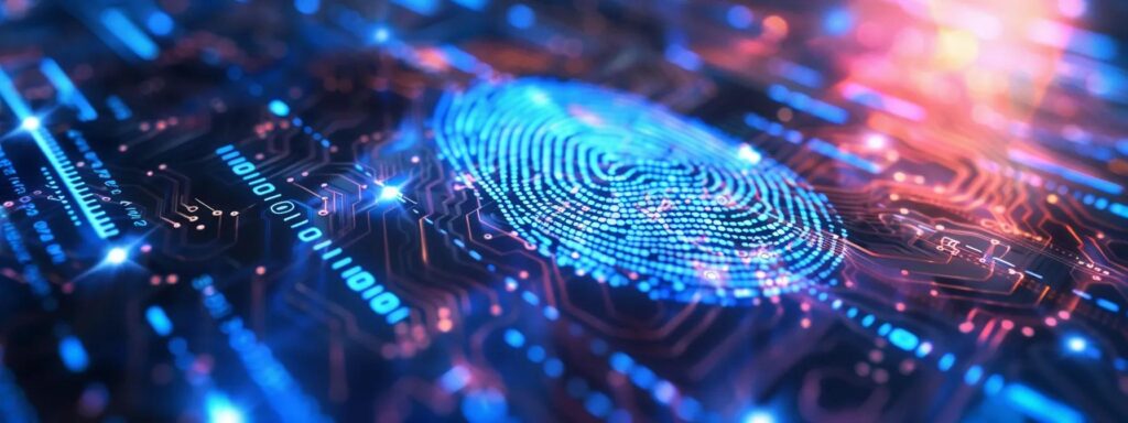 Security professional monitoring biometric verification systems in a high-tech control room