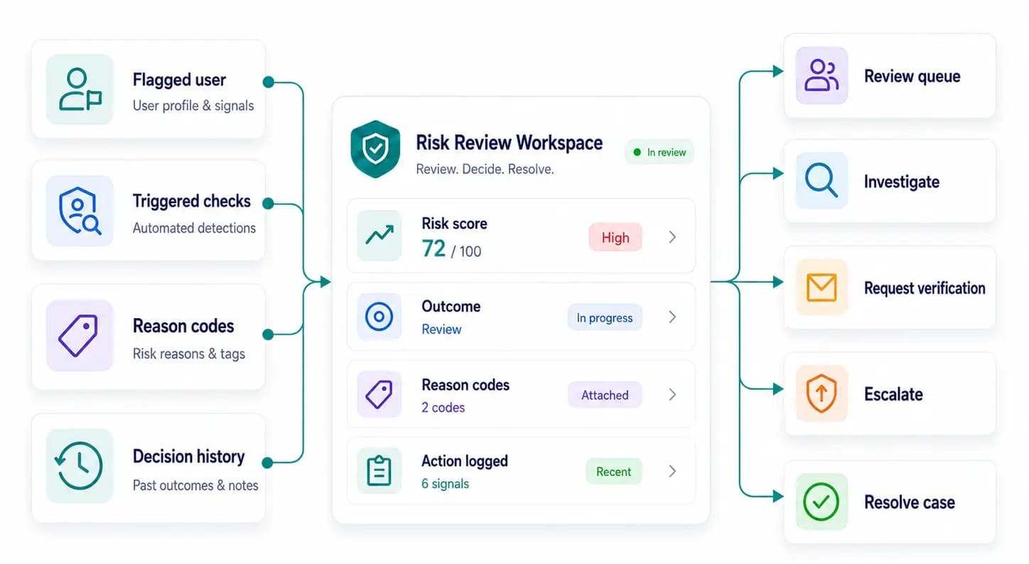 Flow diagram showing a ScreenlyyID risk review workspace connecting flagged user signals, triggered checks, reason codes and decision history to review actions including investigate, request verification, escalate and resolve case.